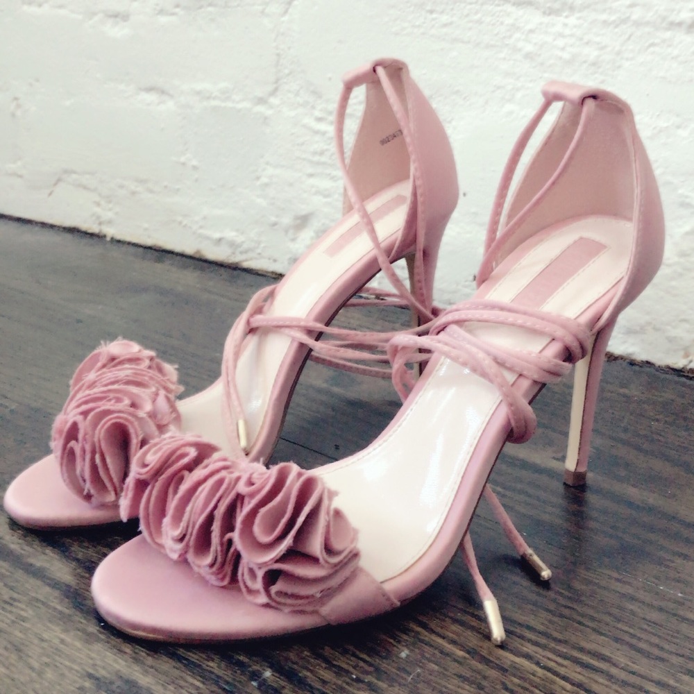 Dusty pink ruffle high heel sandal W/ ankle tie